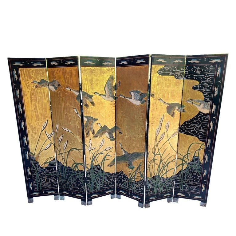 MCM Chinese Export Hand Gilded 6-Panel Geese Coromandel Screen Room Divider - 3