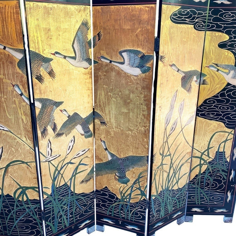MCM Chinese Export Hand Gilded 6-Panel Geese Coromandel Screen Room Divider - 7