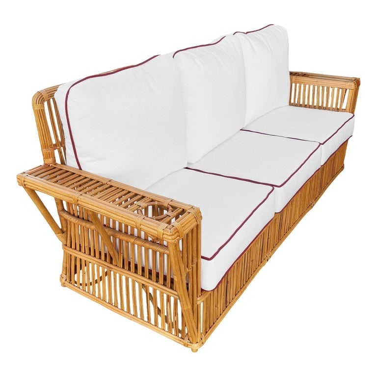 Restored Art Deco Presidents Nantucket Stick Reed Rattan Nantucket 3-Seat Sofa: This beautifully restored stick rattan œNantucket? Three-Seat Sofa This striking Nantucket 3-seater sofa features classic stick rattan framing with tightly woven wicker wrappings, offering both form 