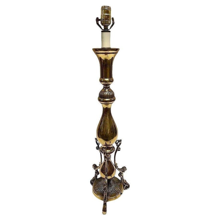 1970s Large Queen Anne Brass Patinaed Candle Stick Table Lamp (1 of 8)