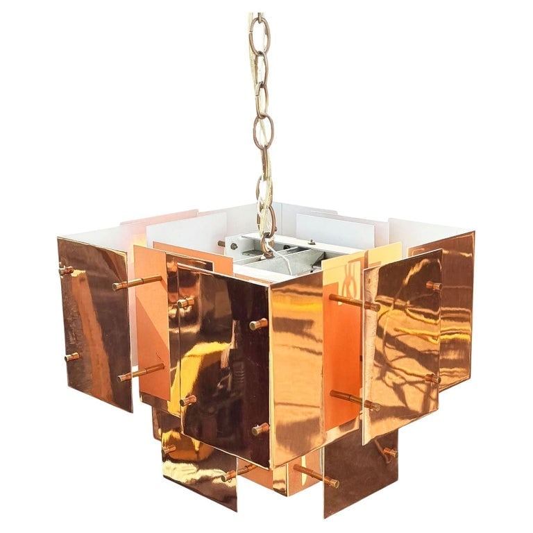 MCM Floating Panel "Cityscape" Brutalist Copper Chandelier By Robert Sonneman (1 of 14)