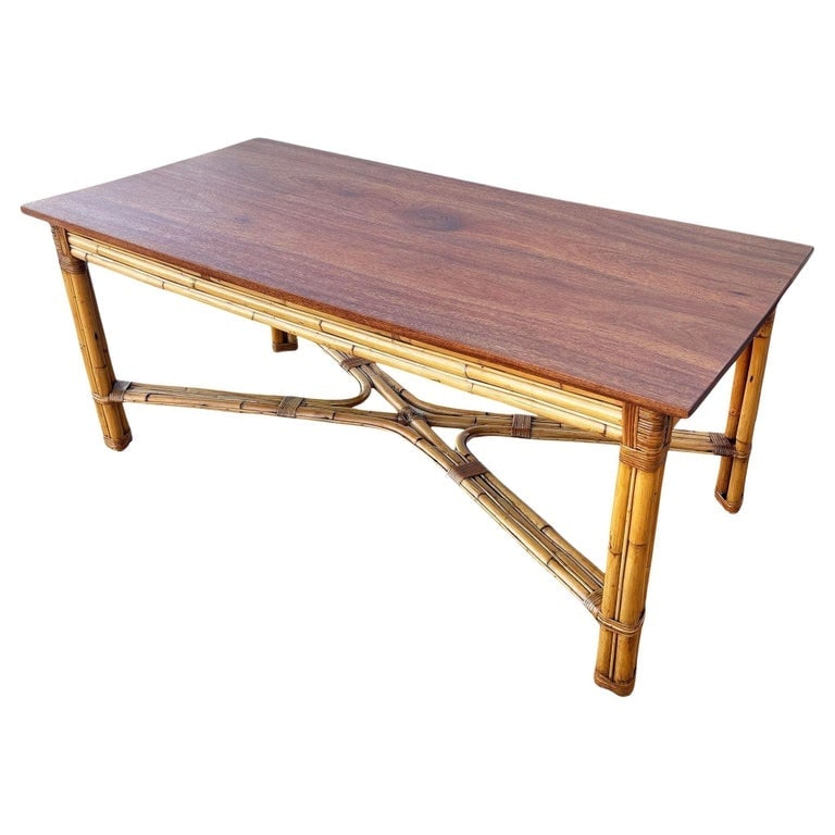 Restored Mid-century X-Pattern Coastal Rattan Dining Table w/ Mahogany Top (1 of 7)
