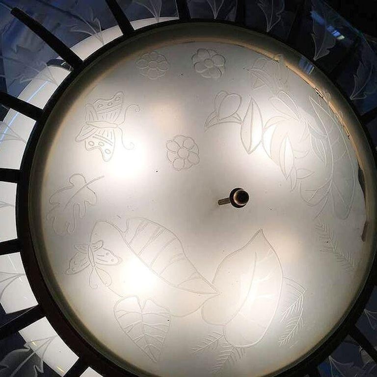 Bespoke Mid-Century Tropical Etched Slat Glass Bronze Chandelier, 3 Available - 8