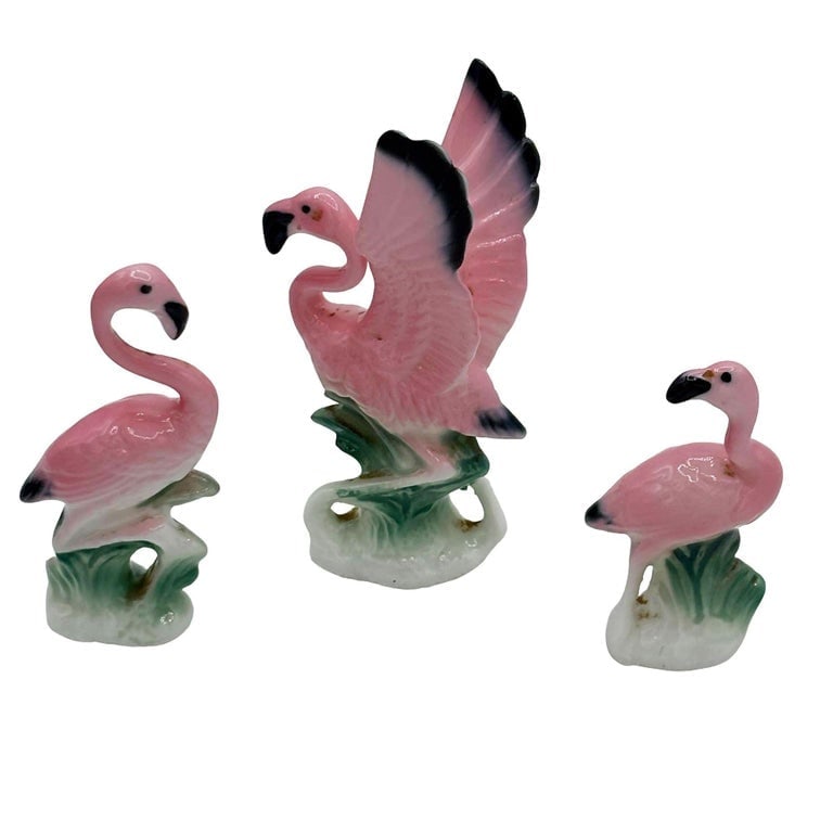 MCM Ceramic Miniature Pink Flamingo Tabletop Statue Set of 3 - 2