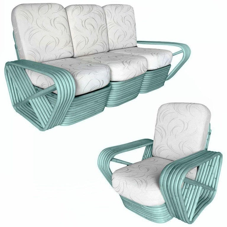 Restored Teal 6-Strand Square Pretzel Rattan Sofa and Lounge Chair Livingroom Se - 2