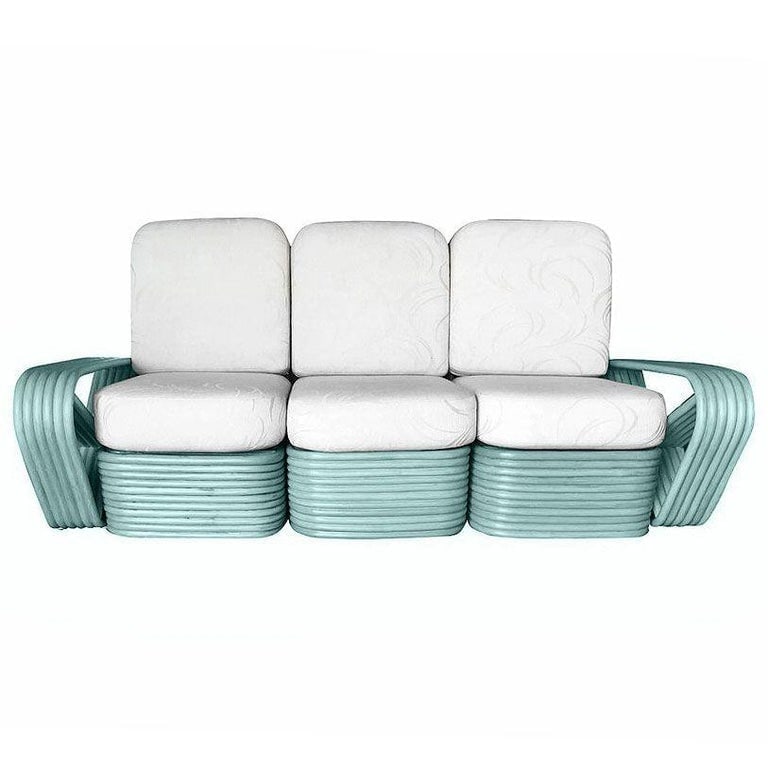 Restored Teal 6-Strand Square Pretzel Rattan Sofa and Lounge Chair Livingroom Se - 3