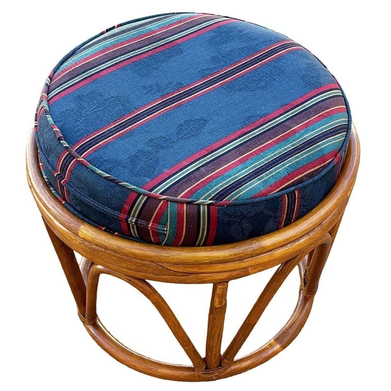 Restored Rattan Footstool with Striped Jacquard Navy Cushion - 4