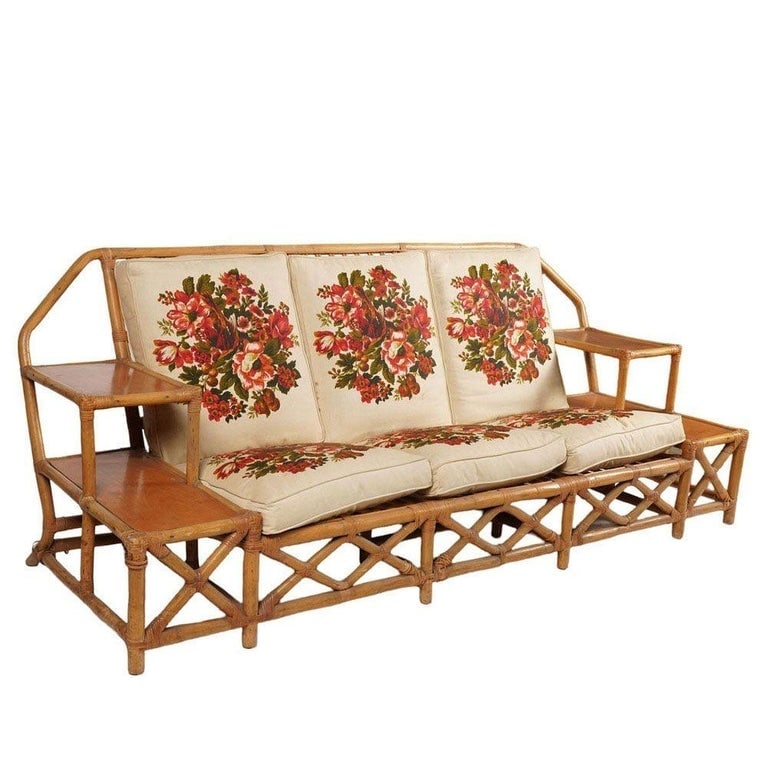 Rare MCM Stepped Rattan Sofa Chair Ottoman Livingroom Set w/ Built in End tables - 2