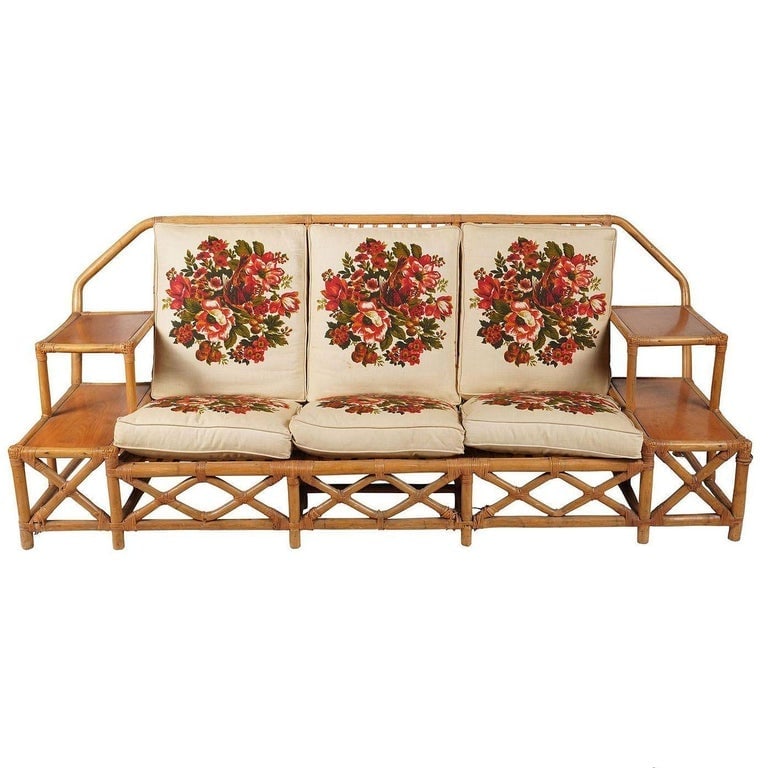 Rare MCM Stepped Rattan Sofa Chair Ottoman Livingroom Set w/ Built in End tables - 3