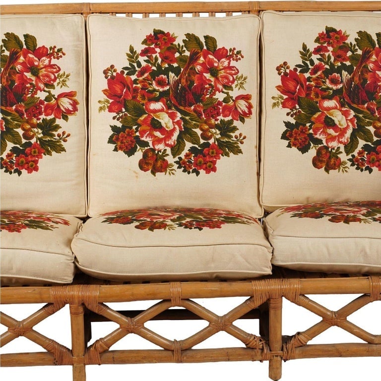 Rare MCM Stepped Rattan Sofa Chair Ottoman Livingroom Set w/ Built in End tables - 6