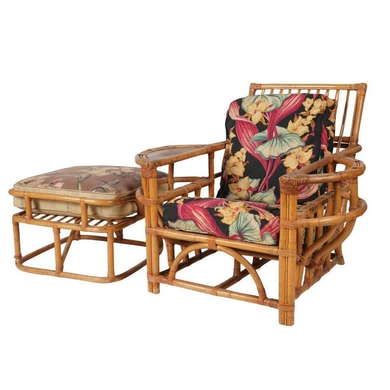 Rare MCM Stepped Rattan Sofa Chair Ottoman Livingroom Set w/ Built in End tables - 9