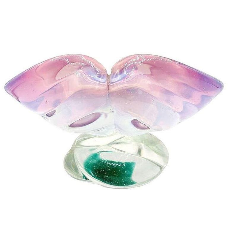 Mid-Century Murano Peacock Art Glass Pedestal Ashtray w/ Pink Pastel Swirl - 3