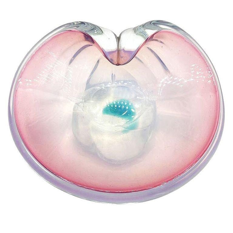Mid-Century Murano Peacock Art Glass Pedestal Ashtray w/ Pink Pastel Swirl - 6