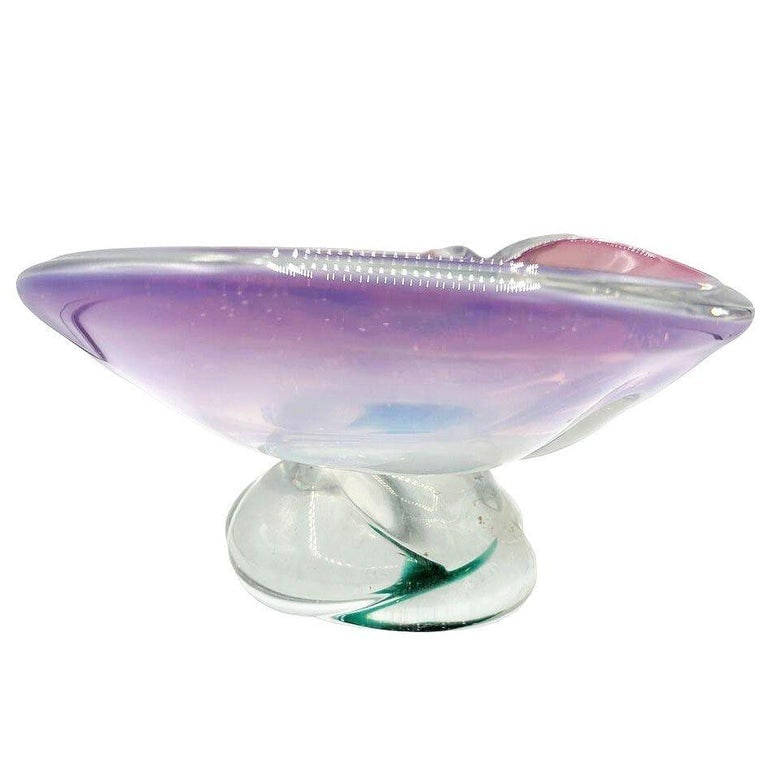 Mid-Century Murano Peacock Art Glass Pedestal Ashtray w/ Pink Pastel Swirl - 9