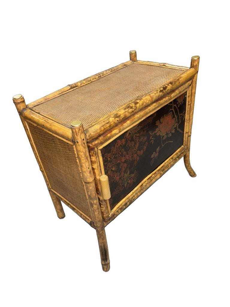 Victorian Chinoiserie Tiger Bamboo Nightstand with Hand-Painted Lacquer Front - 5