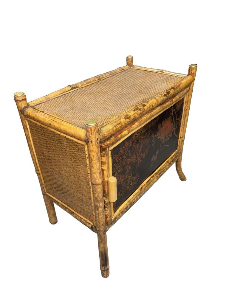 Victorian Chinoiserie Tiger Bamboo Nightstand with Hand-Painted Lacquer Front - 6