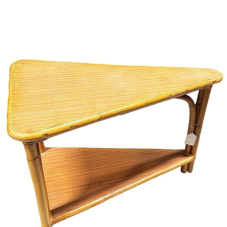 Restored MCM Rattan and Formica Skinny Arch 3-Strand Wedge Side Table w/ 2-Tiers - 2