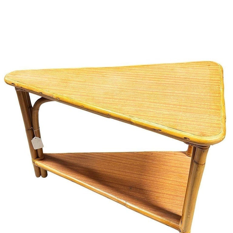 Restored MCM Rattan and Formica Skinny Arch 3-Strand Wedge Side Table w/ 2-Tiers - 4