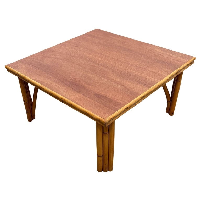 1950s Restored MCM Rattan Coffee Table with Mahogany Top and Rattan Border (1 of 8)