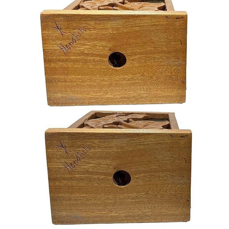 Restored Mid-century Hawaiian Carved Mango Wood Panel Lantern Table Lamps, Pair - 10