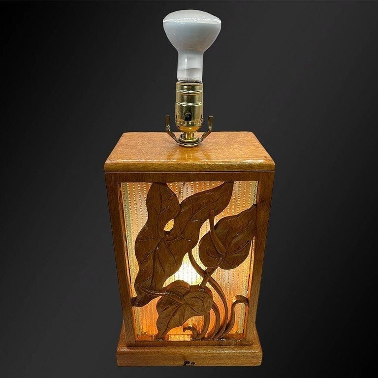 Restored Mid-century Hawaiian Carved Mango Wood Panel Lantern Table Lamps, Pair - 11