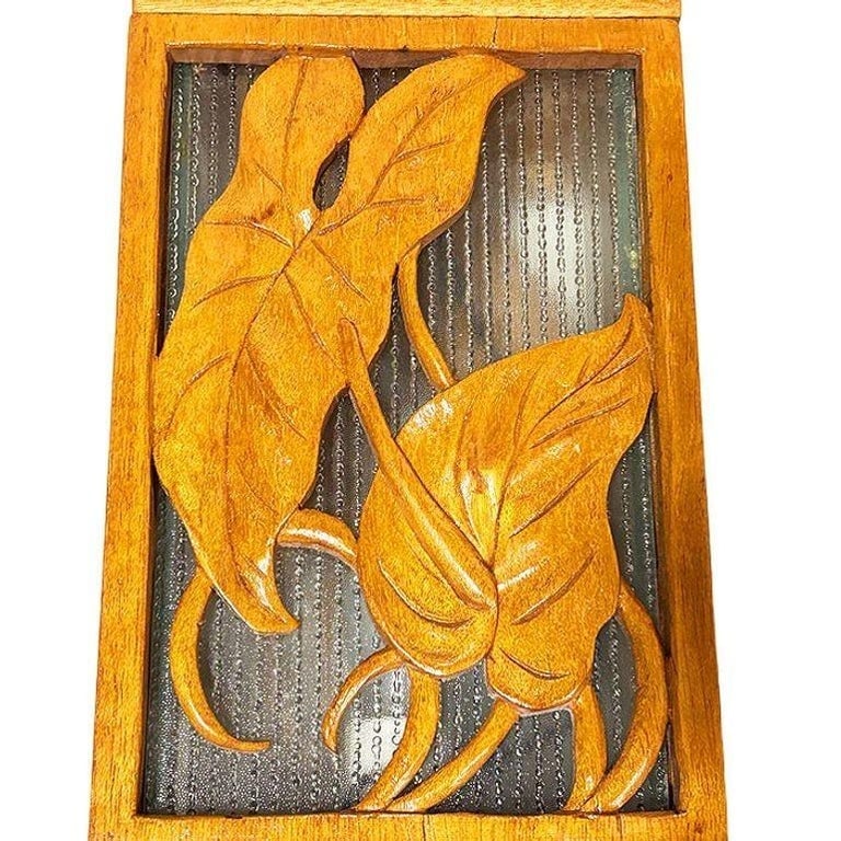 Restored Mid-century Hawaiian Carved Mango Wood Panel Lantern Table Lamps, Pair - 15