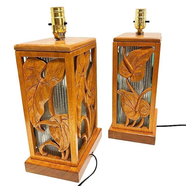 Restored Mid-century Hawaiian Carved Mango Wood Panel Lantern Table Lamps, Pair - 2