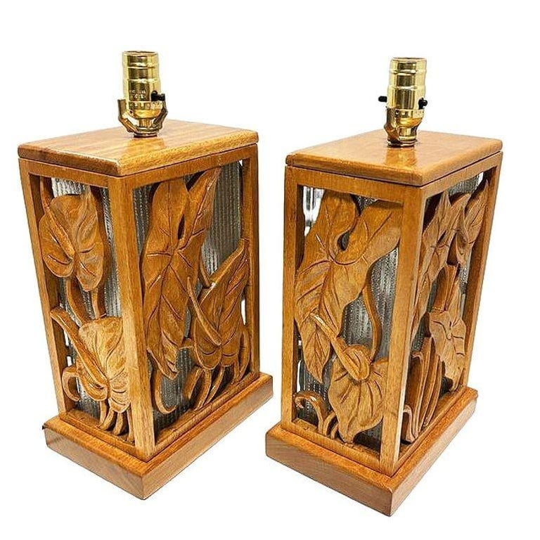 Restored Mid-century Hawaiian Carved Mango Wood Panel Lantern Table Lamps, Pair - 4