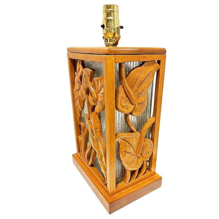 Restored Mid-century Hawaiian Carved Mango Wood Panel Lantern Table Lamps, Pair - 5