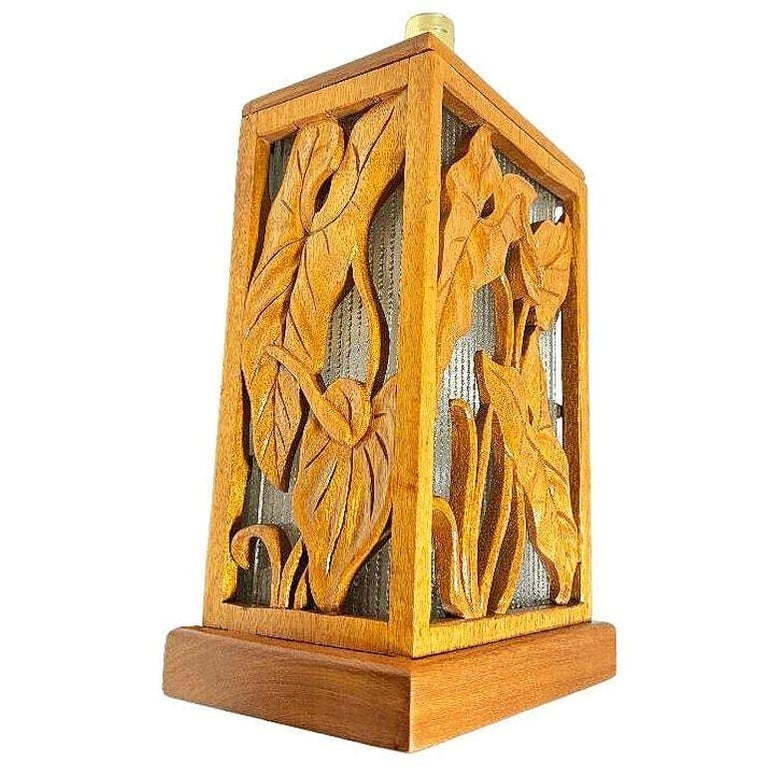Restored Mid-century Hawaiian Carved Mango Wood Panel Lantern Table Lamps, Pair - 8