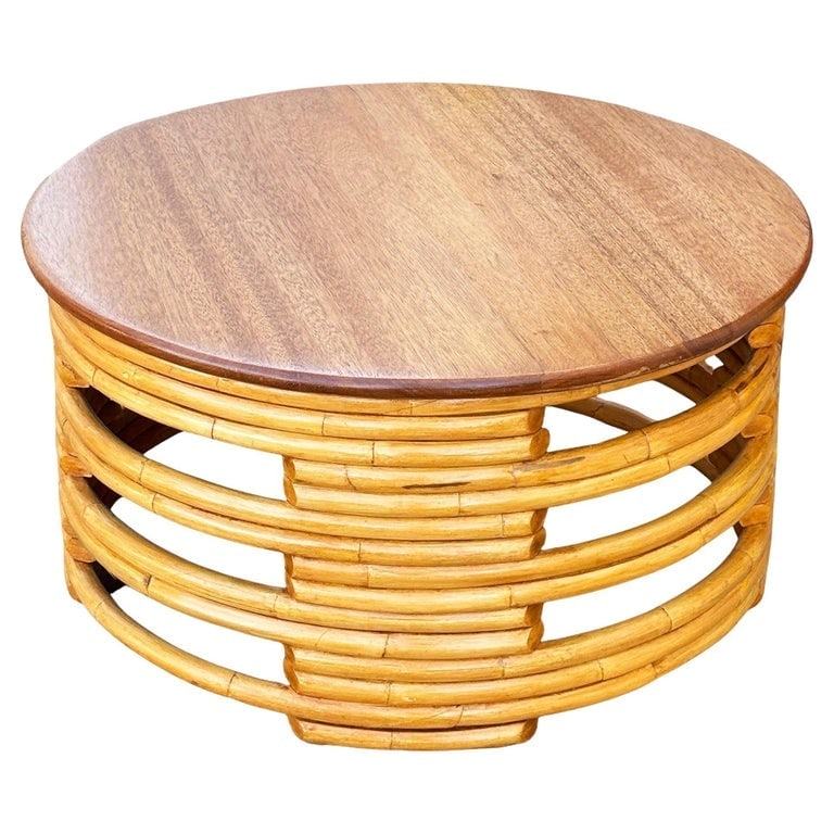 Restored Mid-century Round Architectural Rattan Coffee Table With Mahogany Top (1 of 5)
