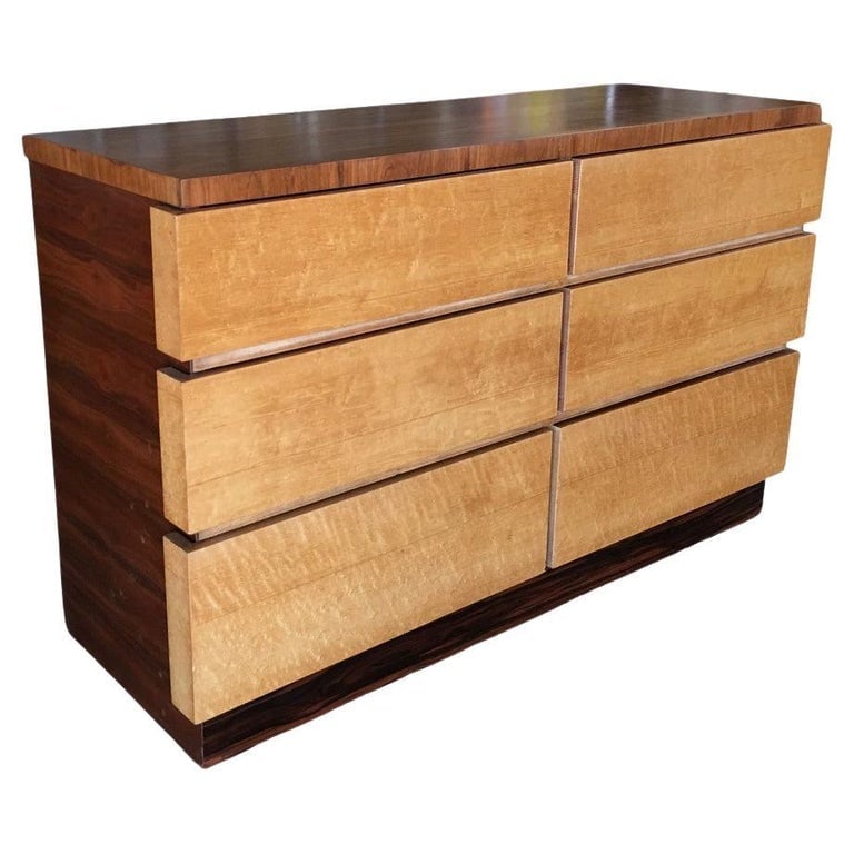 Eliel Saarinen Inspired Streamline Moderne 6-Drawer Dresser: Eliel Saarinen inspired streamline Moderne dresser with a dark stained casing and unique wraparound drawers in a lighter finish. A great example of the transitional period between Art Deco and