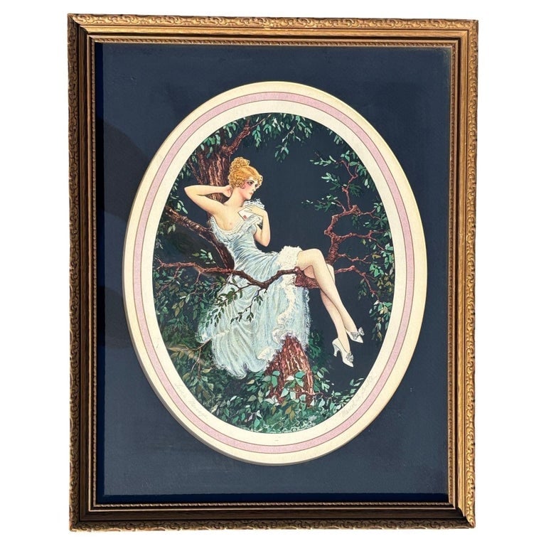 1920's Framed French Artwork "Lovers Message" by Marcel Le Boulte: This lithograph titled "Lovers Message" (or Loves Message) by French Art Deco artist Marcel Le Boulte, created circa the 1920s. The artwork depicts a young woman in a flowing dress resting on a tree