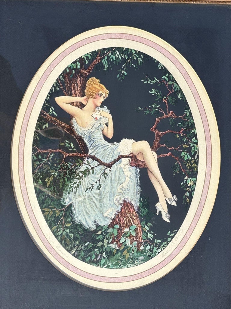 1920's Framed French Artwork "Lovers Message" by Marcel Le Boulte - 4