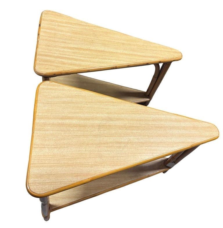 Restored MCM Rattan and Formica 2-Tiered High Arch 3-Strand Wedge Side Table, Pair - 2