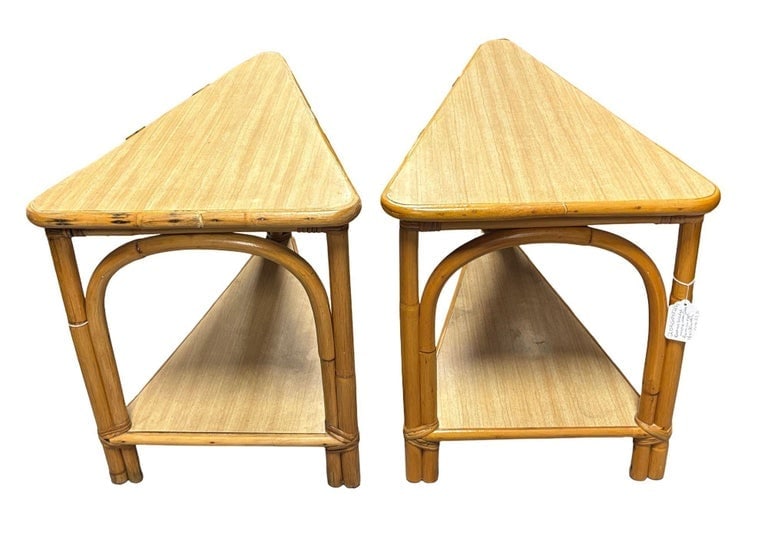 Restored MCM Rattan and Formica 2-Tiered High Arch 3-Strand Wedge Side Table, Pair - 6