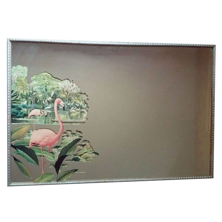 Rare Lithagraph Printed Pink Flamingo Framed Wall Mirror Wall by R. Stern for Tu: Vintage Art Deco Pink Flamingo Wall Mirror, c.1950's - Pairs Nicely with Many Mid-Century and Eclectic Styles - Designed by Turner Mfg (USA) - Original Mirrored Glass Panel with Pink Flamingo Scenic T
