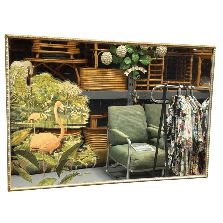 Rare Lithagraph Printed Pink Flamingo Framed Wall Mirror Wall by R. Stern for Tu - 2