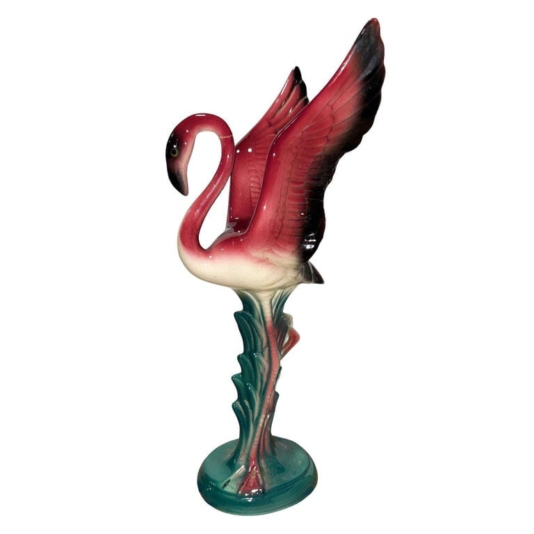 Mid-century Open Wing Pink Flamingo Ceramic Tabletop Statue - 3