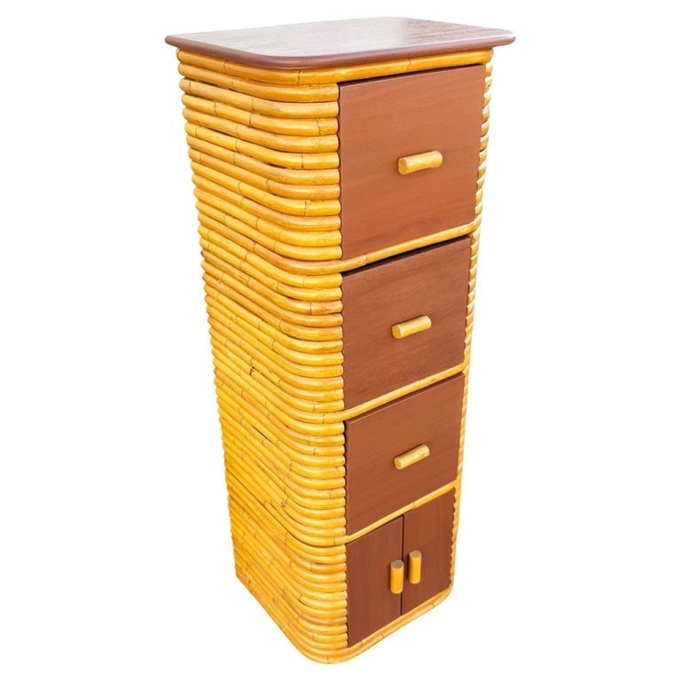 Restored Paul Frankl Style Stacked Rattan and Mahogany Cabinet w/ Drawers: Restored Art Deco era stacked rattan highboy dresser with a mahogany top and five pull-out mahogany drawers. The dresser is a perfect blend of functionality and Pacific Island/Hawaiian-inspired Modern