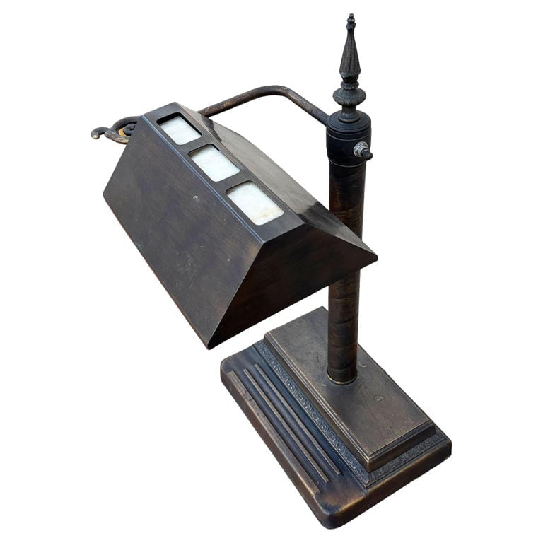 Arts and Crafts Mission Bronze Wash Brass Desk Lamp w/ Clerestory Glass Insets (1 of 8)