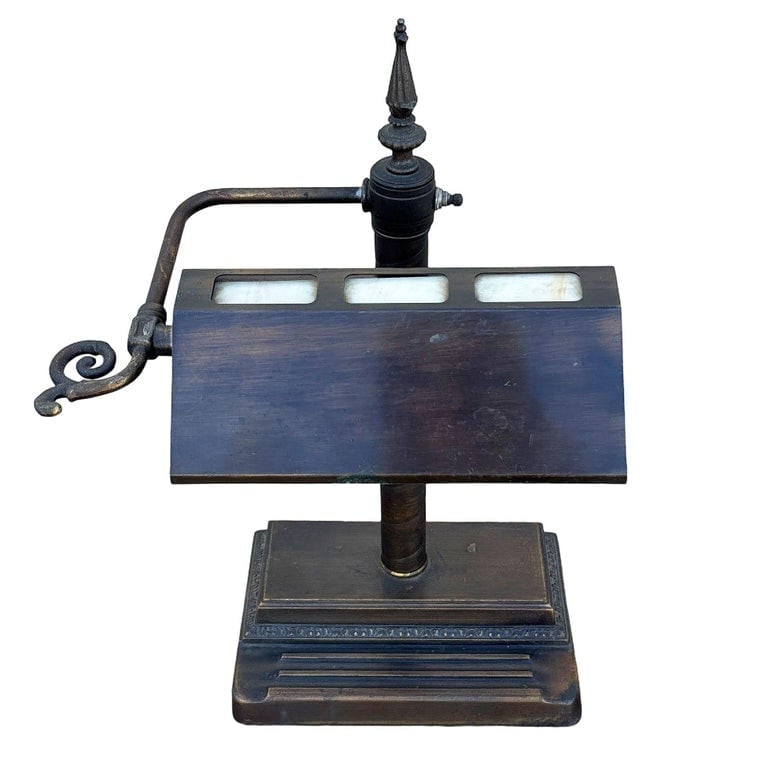 Arts and Crafts Mission Bronze Wash Brass Desk Lamp w/ Clerestory Glass Insets - 3