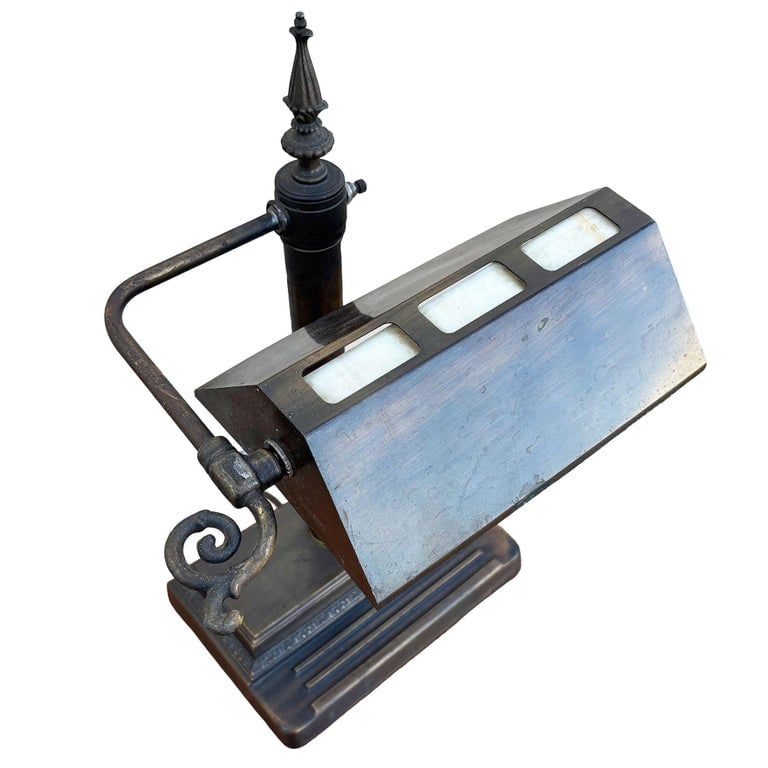 Arts and Crafts Mission Bronze Wash Brass Desk Lamp w/ Clerestory Glass Insets - 4