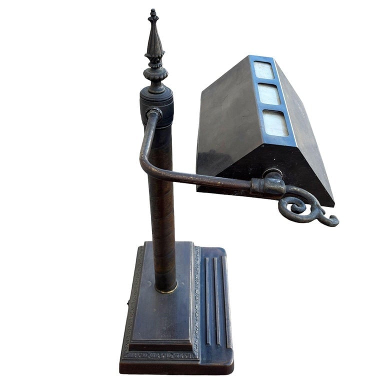 Arts and Crafts Mission Bronze Wash Brass Desk Lamp w/ Clerestory Glass Insets - 5