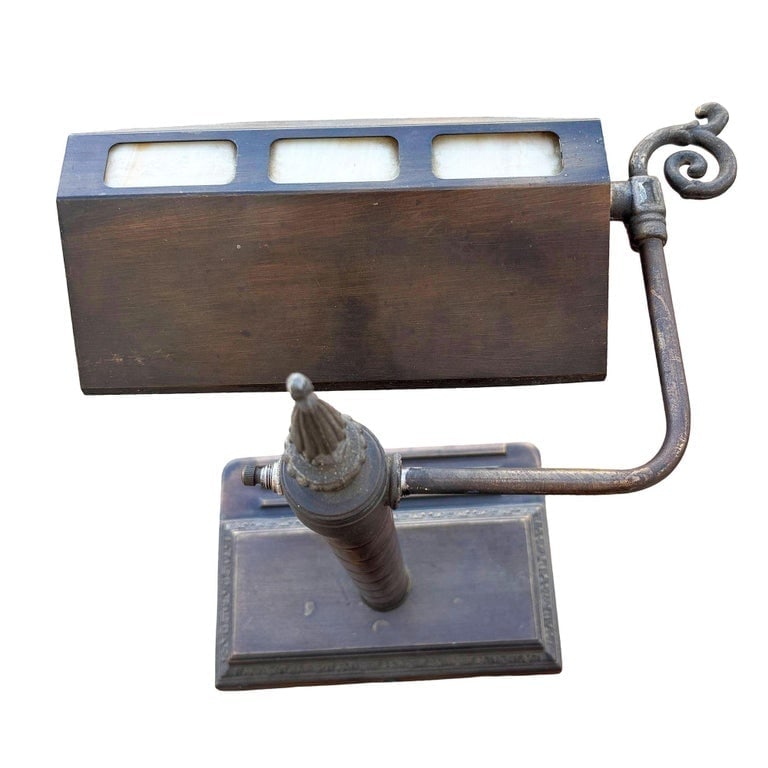 Arts and Crafts Mission Bronze Wash Brass Desk Lamp w/ Clerestory Glass Insets - 6