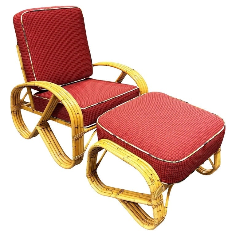 Mid-Century 4-Strand 3/4 Reverse Pretzel Rattan Lounge Chair w/ Matching Ottoman: This beautifully restored coastal rattan lounge chair set blends vintage charm with modern comfort. The 1950s set features a 3-Strand reverse pretzel armchair with red tropical backcloth cushions and 