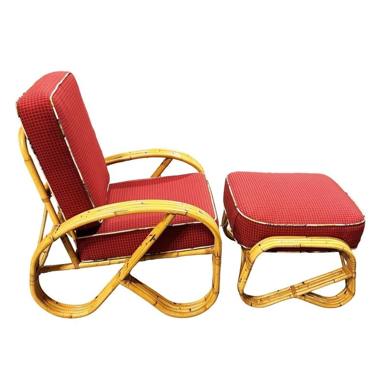 Mid-Century 4-Strand 3/4 Reverse Pretzel Rattan Lounge Chair w/ Matching Ottoman - 4