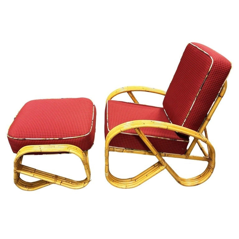 Mid-Century 4-Strand 3/4 Reverse Pretzel Rattan Lounge Chair w/ Matching Ottoman - 6