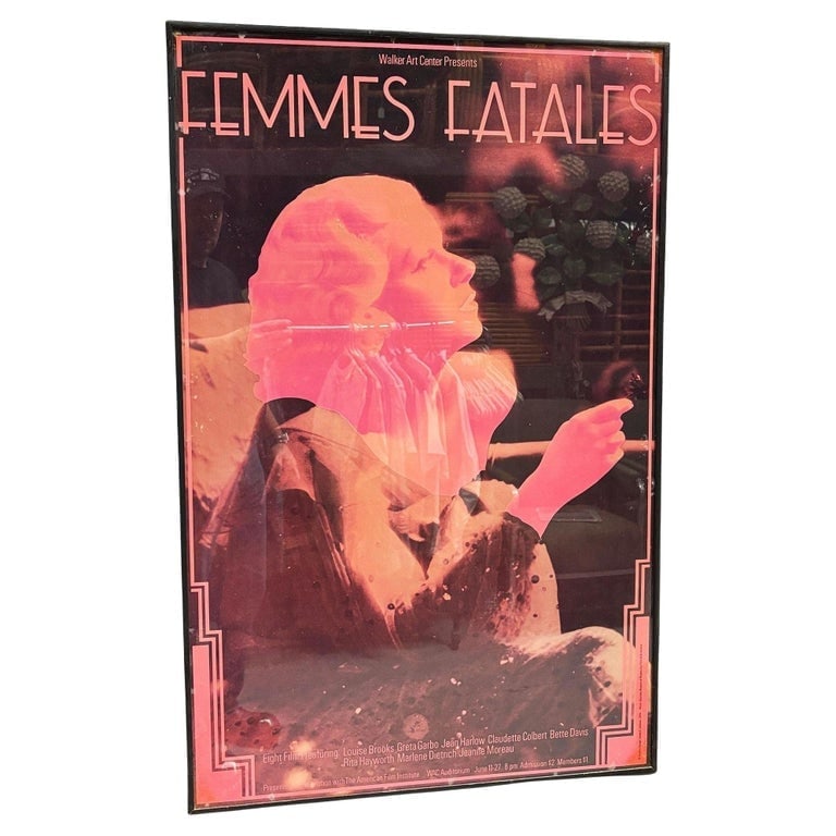 1974 FEMMES FATALES Film Series Lithograph Poster, Framed: Original Femmes Fatales Poster designed by Walker Art Center Graphic Designer, James E. Johnson. The lithograph is printed on heavy weight gold metallic paper in 5 colors! It has the image of actress 