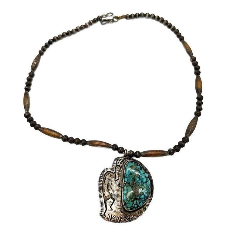 South Western Navajo Kokopelli Sterling Silver Necklace w/ Large Turquoise Stone - 2